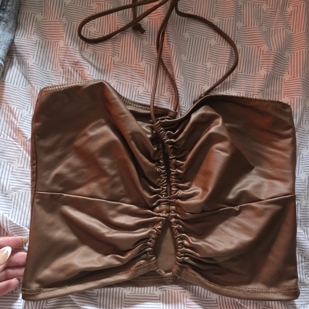 Brown Ruched Halter Top